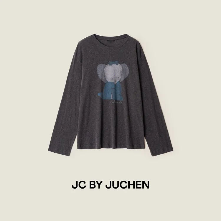 洗完澡的象宝月雾灰水洗小象印花可爱减龄宽松长袖T恤 FW095371
