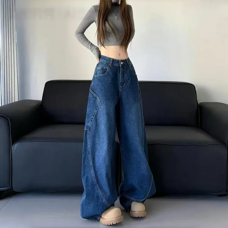 美式复古弯刀牛仔裤女款秋冬季新款显瘦高个子加绒裤子高腰阔腿裤