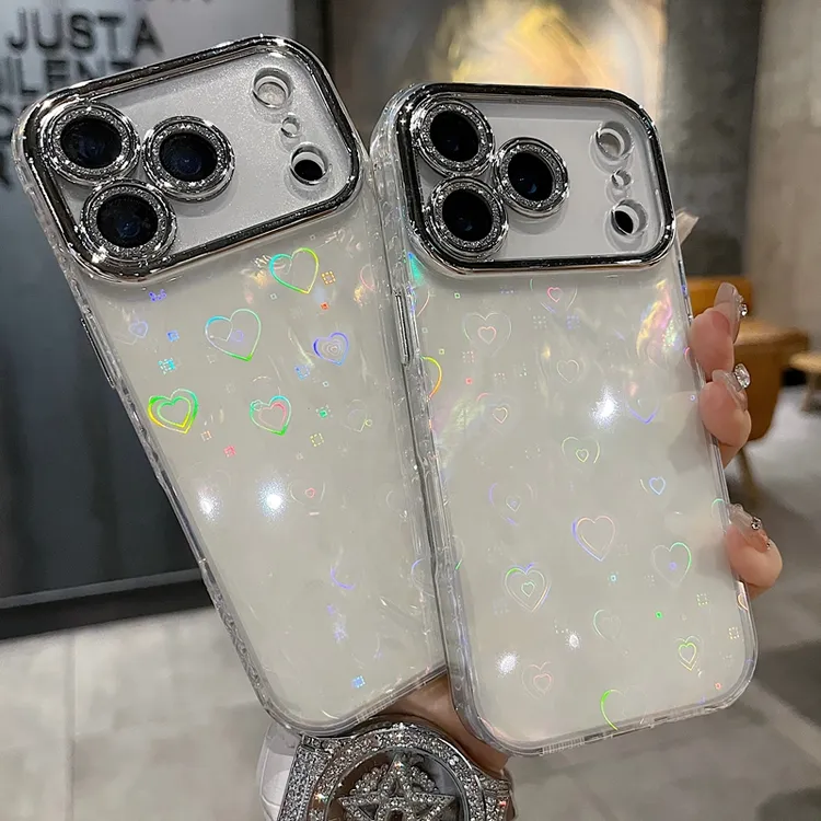 适用苹果系列iPhone17新款手机壳小众时尚炫彩白爱心全包闪粉镜头