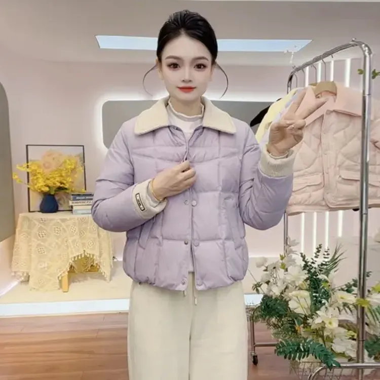 时尚撞色翻领棉服女2025冬季新款洋气短款显瘦加厚小个子棉袄外套