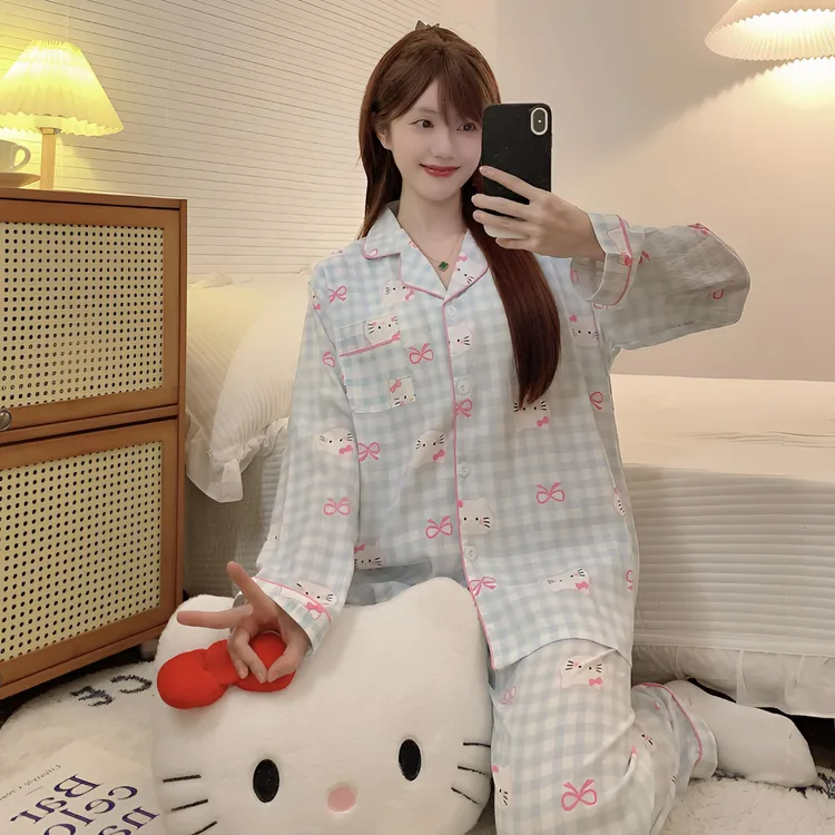 翻领蓝格猫咪大码睡衣套装加肥加大胖MM穿休闲卡通宽松印花家居服