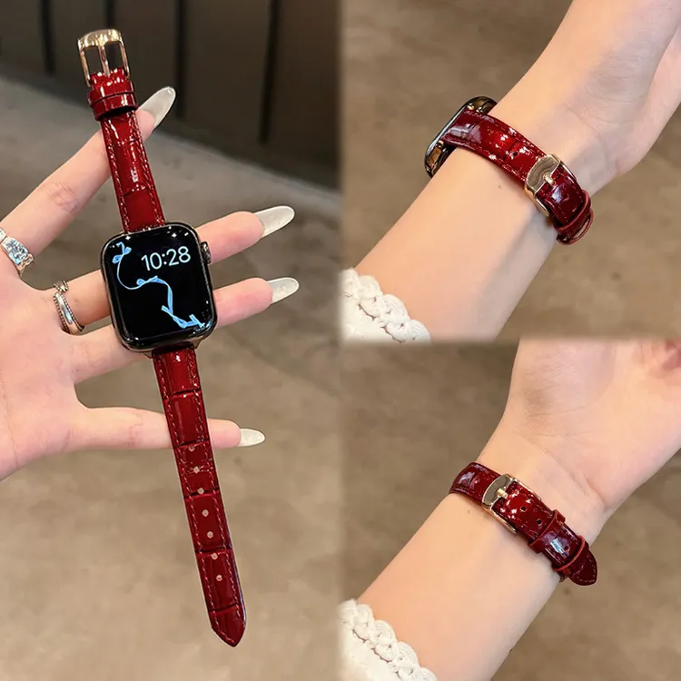适用苹果手表s11/10表带新款竹节皮纹亮面s9高级感皮质s8红色表带