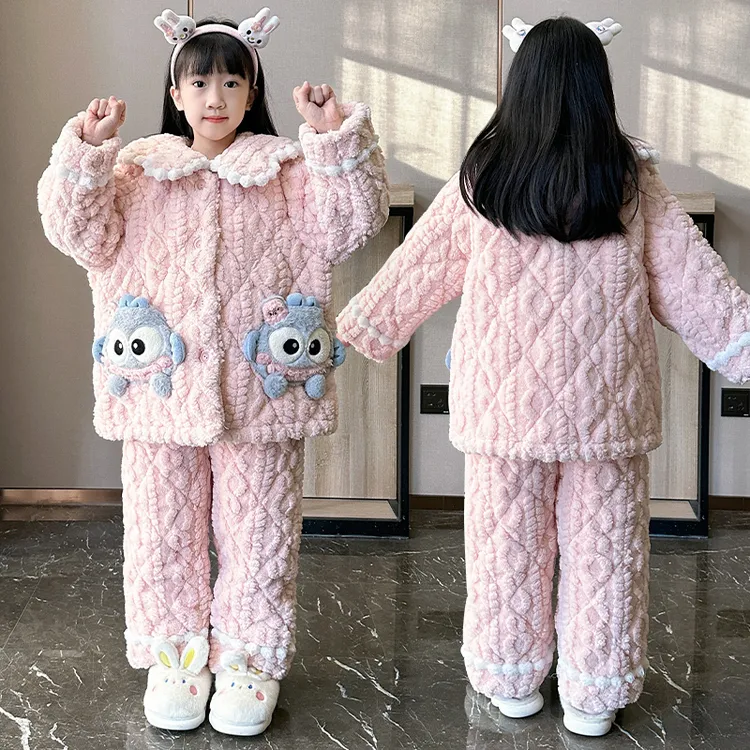 儿童法兰绒新款女童三层夹棉睡衣加绒加厚冬季公主女孩大童家居服
