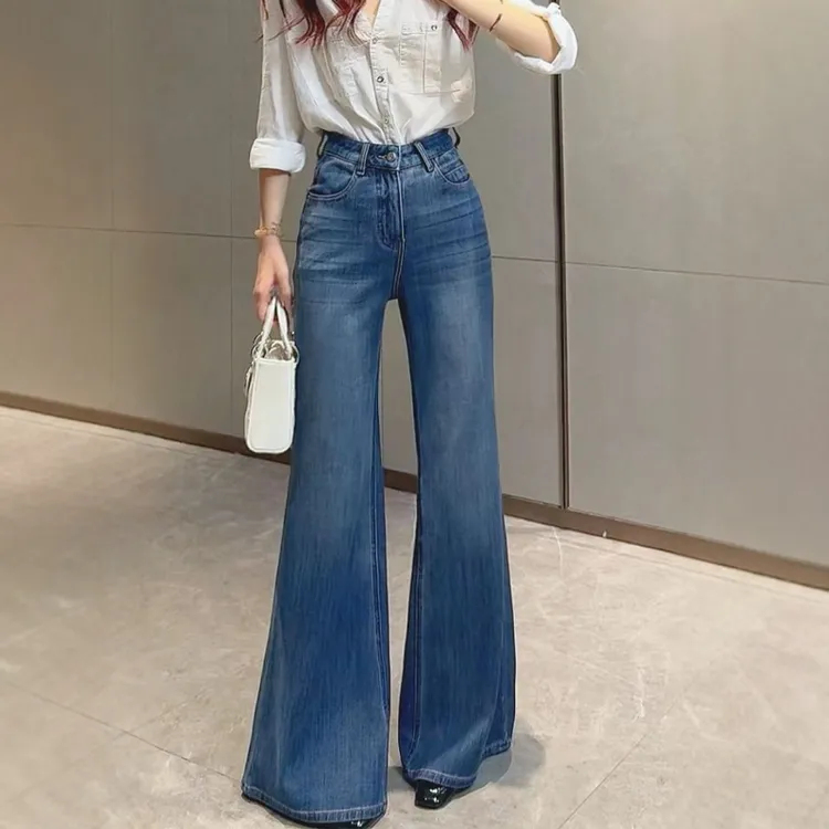 复古时尚微喇牛仔裤女秋季新款大码胖mm显瘦宽松辣妹风拖地喇叭裤
