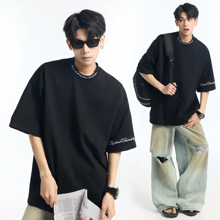 GL夏季字母刺绣短袖T恤男高街潮牌五分袖上衣2025设计感体恤衫