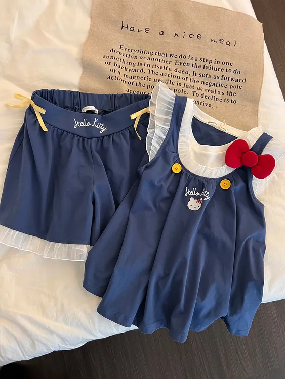甜美可爱HelloKitty印花飞飞袖睡衣女夏季新款花边短裤家居服套装