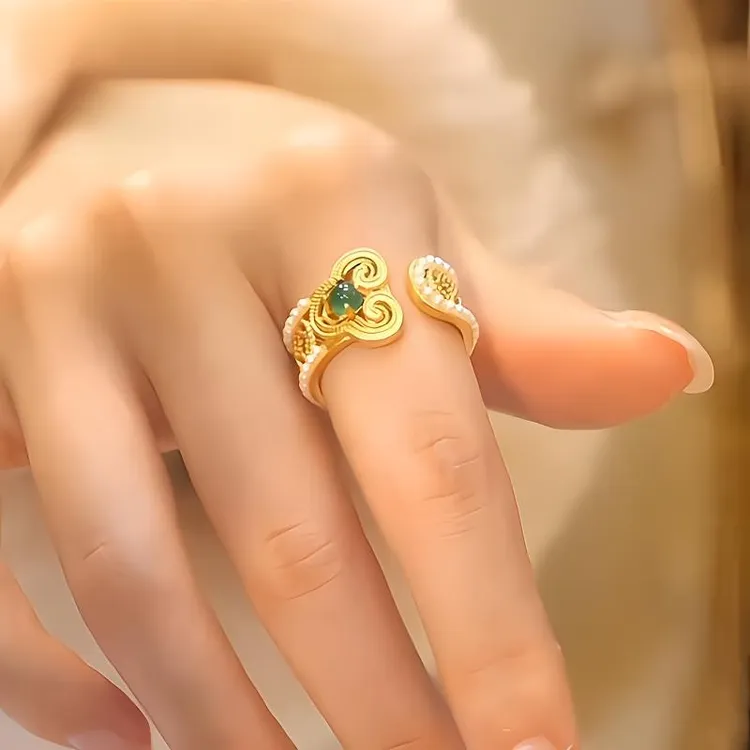 铜合金塑料戒指 新中式如意掐丝镂空铜钱古法镶嵌高保色戒指气质