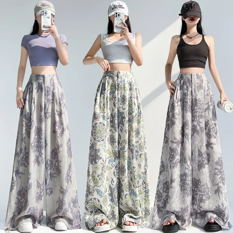 法式复古显瘦棉麻印花直筒裤女夏季新款气质长裤别致阔腿花裤子潮