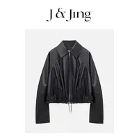 J&Jing-「暮城棱镜」-明星同款宽松百搭时尚黑色皮衣YE20109