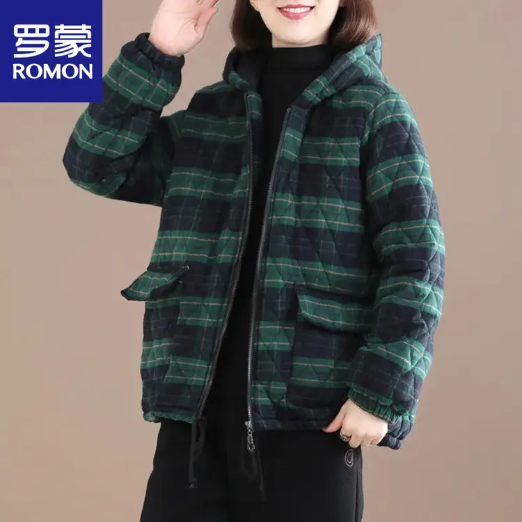 罗蒙冬季新款上衣连帽外套秋冬款妈妈大码女装女士棉袄格子棉衣