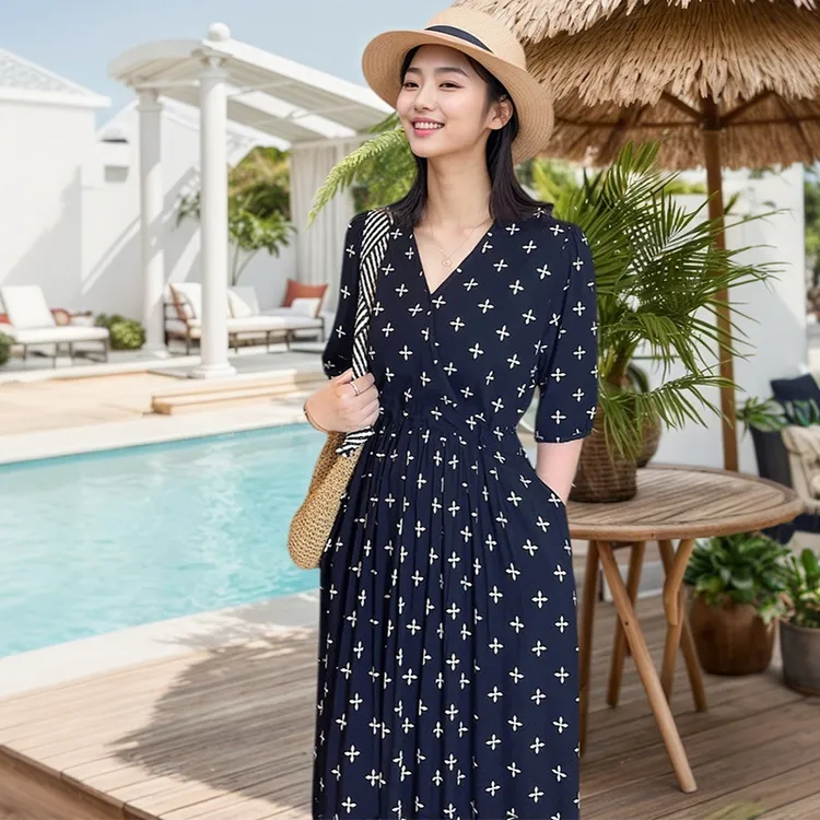 【口袋裙】棉绸连衣裙法式碎花人造棉女夏季收腰显瘦宽松气质长裙子