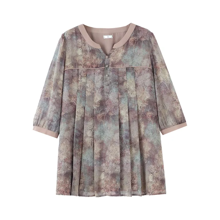 苏兰诺大码国风显瘦上衣圆领常规压褶长款宽松印花衬衫薄款ZB7517