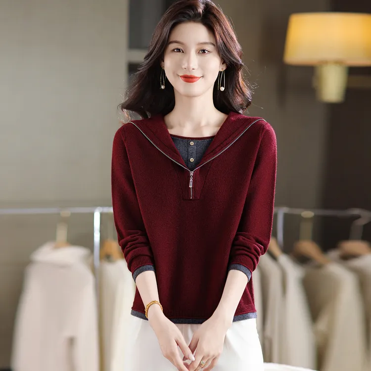 假两件连帽毛衣女秋冬2025新款女装内搭拉链时尚酒红色针织打底衫