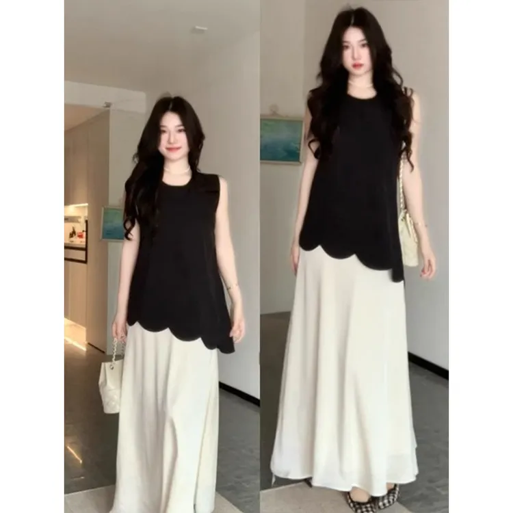 法式假两件撞色拼接无袖背心连衣裙女夏季浪漫风独特绝美气质长裙