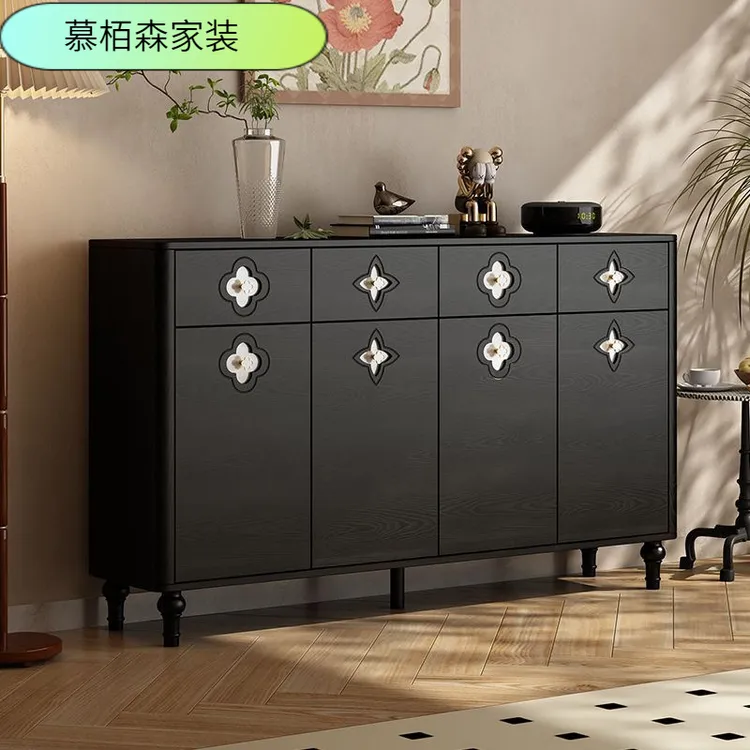 实木鞋柜家用门口复古轻奢高级感黑色玄关柜一体新款2025爆款鞋柜