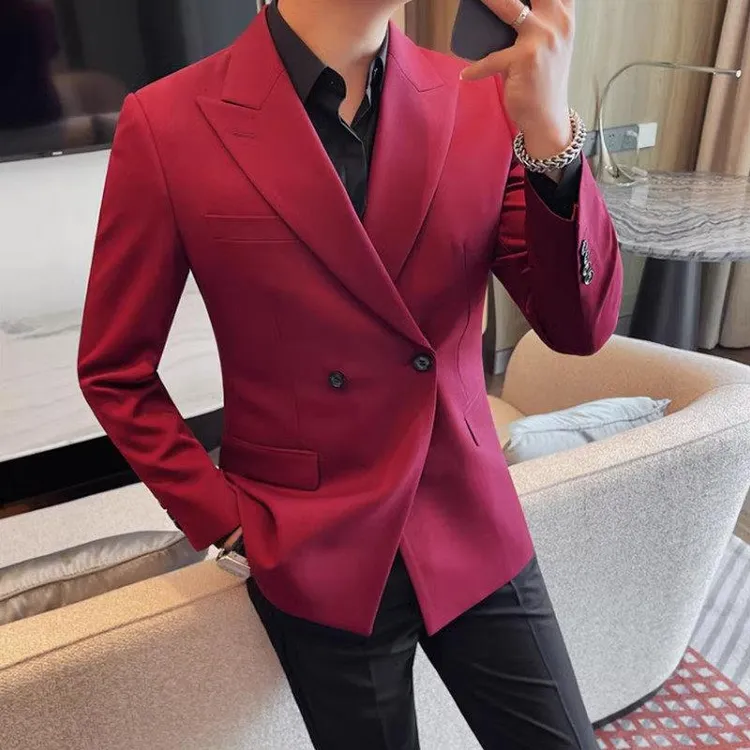 灏吉弧春秋新款双排扣戗驳领男士西装痞帅商务婚庆红色西服外套