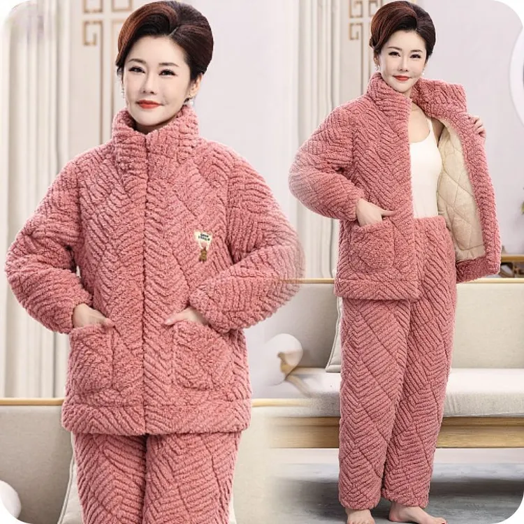 中老年妈妈三层加厚夹棉睡衣女冬季加绒加厚保暖拉链外穿棉袄套装