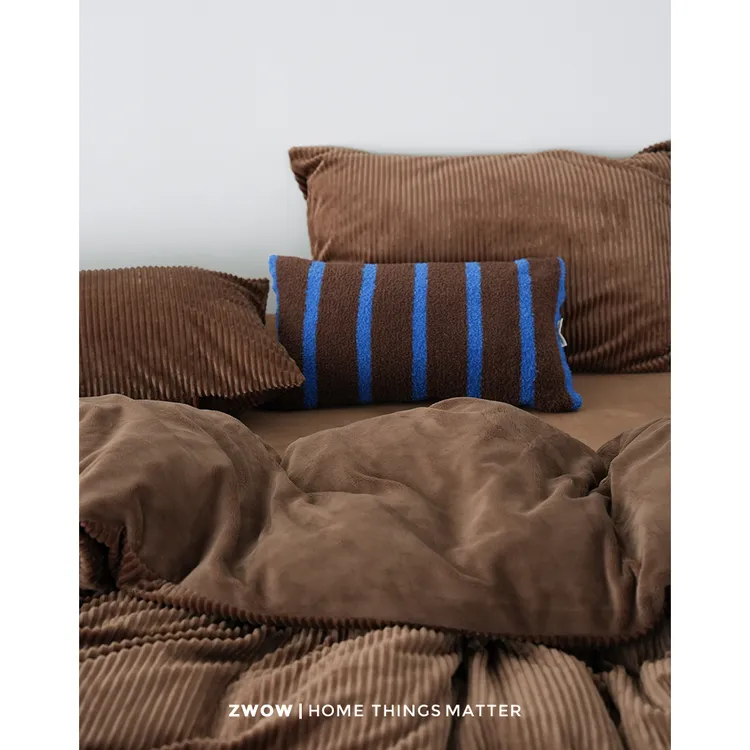 造卧zwow复古灯芯绒牛奶绒秋冬季条纹棕色柔软加厚保暖床上四件套