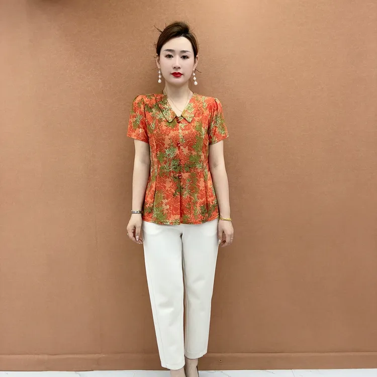 2025新款竹叶花妈妈装减龄宽松休闲时尚洋气百搭显瘦T恤小衫大码