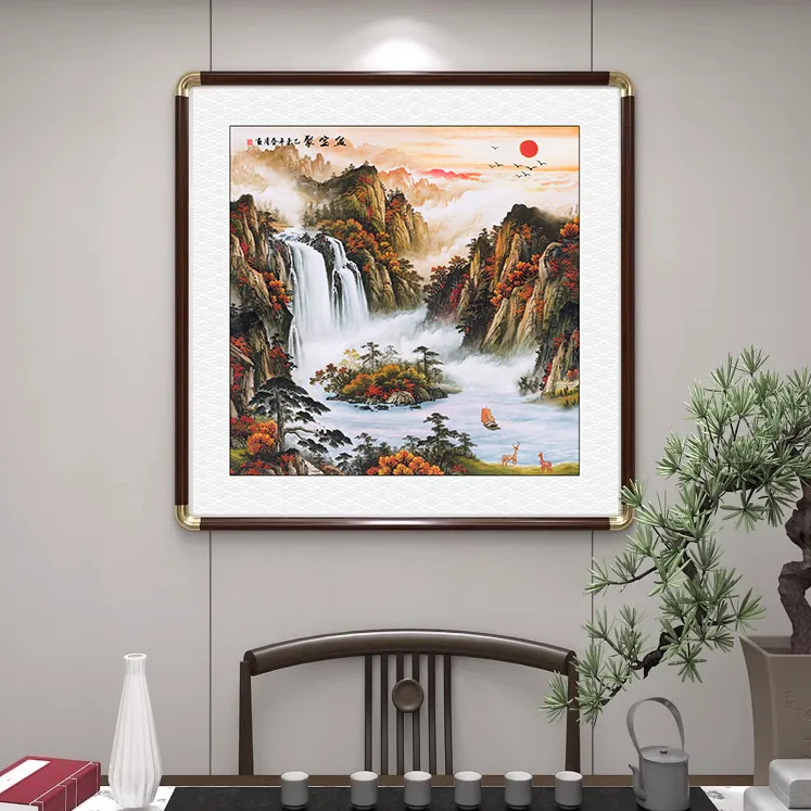 聚宝盆山水画中式高档国画老板办公室玄关装饰画茶室流水生财壁画