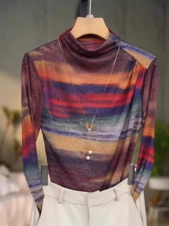 2025年秋冬新款半高领网纱打底衫女长袖加绒加厚洋气印花内搭上衣