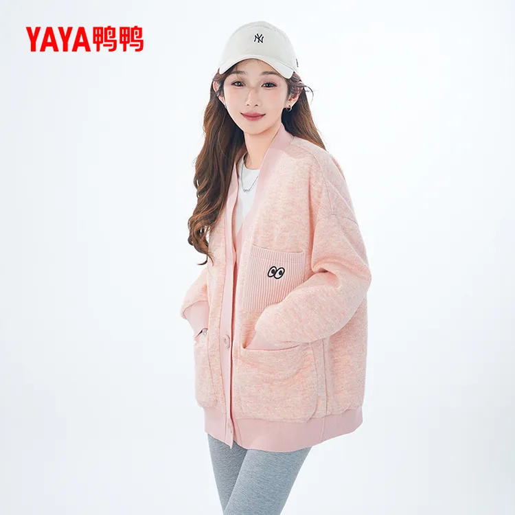 YAYA/鸭鸭羽绒服女短款秋冬时尚针织韩版简约V领外套YE5B608549M