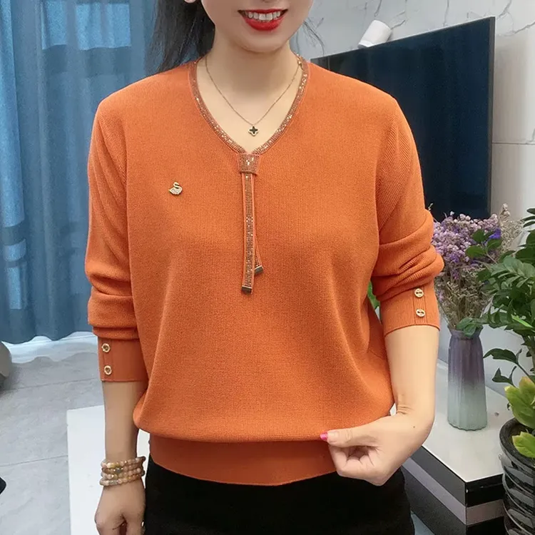 春秋新款长袖显瘦套头打底衫女装小V领飘带纯色百搭毛衣针织上衣