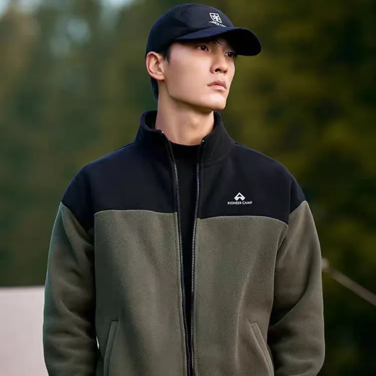 400g摇粒绒撞色拼接男抓绒衣秋冬保暖外套潮牌立领拼接开衫