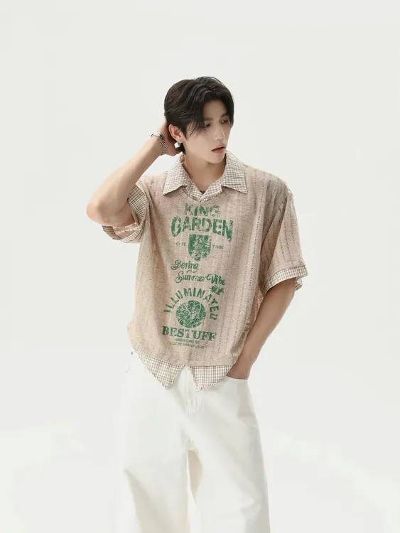 夏季新款美式复古印花拼接宽松短袖polo衫男女同款上衣休闲体恤衫