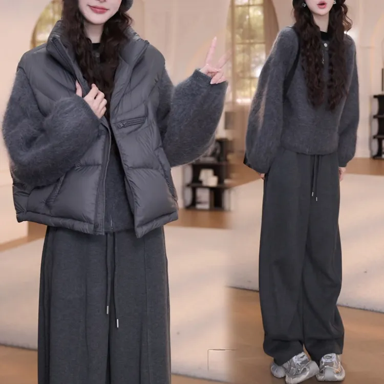 休闲百搭三件套无袖棉服马甲圆领拼接拉链毛衣高腰抽绳松紧腰长裤