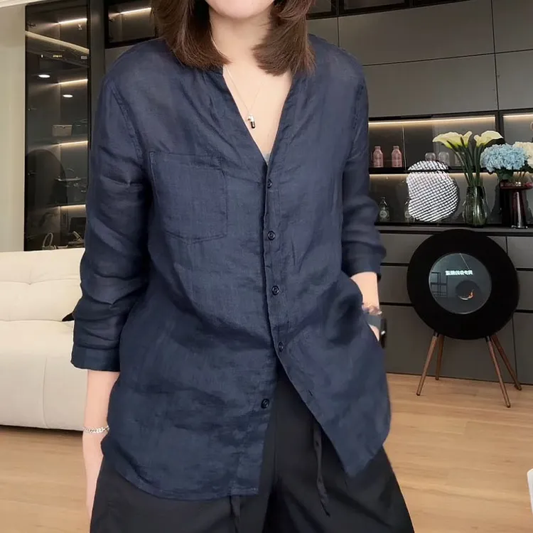 小众简约风气质V领衬衫新款高级时尚休闲通勤百搭纯色单排扣上衣