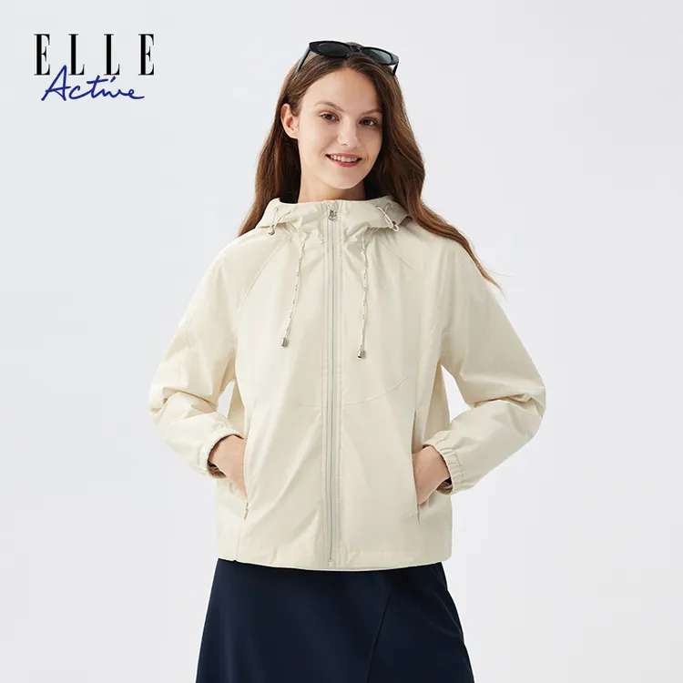 ELLE Active连帽抽绳运动防风外套宽松户外休闲时尚拉链女士风衣