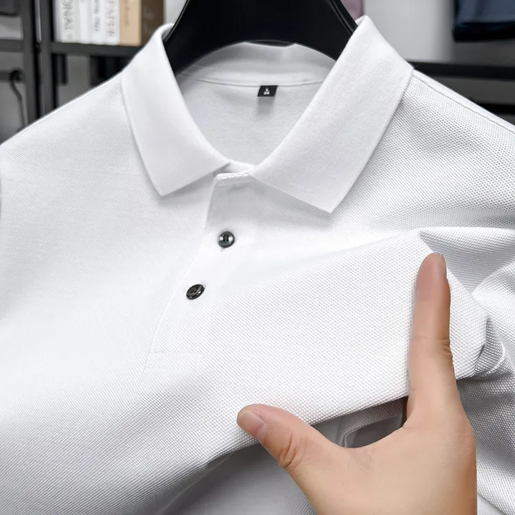 100%纯棉丝光棉夏季男士短袖时尚翻领纯色百搭透气大码中年爸爸装