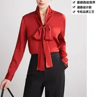 重磅真丝双乔飘带翻领设计百搭开衫长袖衬衣ZKG17红色