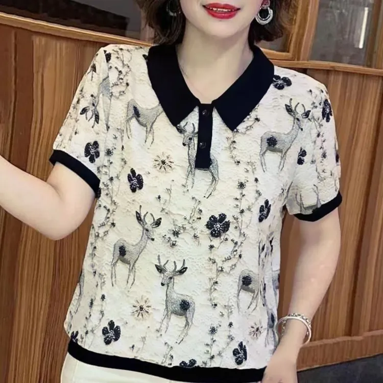 夏季新款妈妈装薄款翻领小鹿减龄宽松显瘦透气T恤中老年短袖上衣