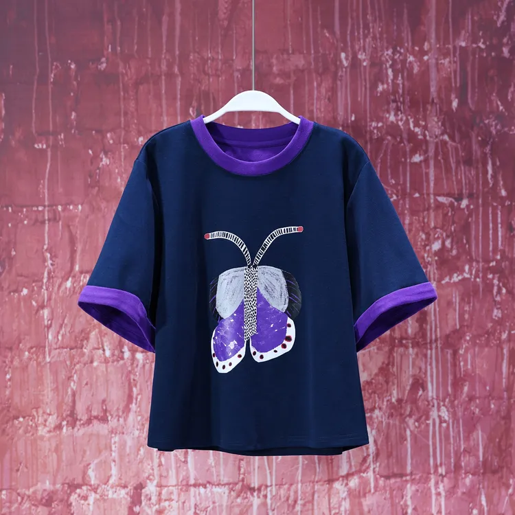 【韩哥女装】“冰凉一夏”欧货小众轻奢撞色拼接印花短款T恤6629A