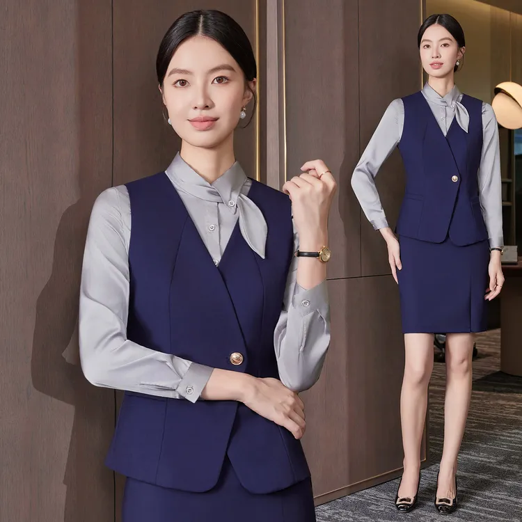 职业装马夹套装女气质白领酒店经理工作服蓝色马甲女士面试正装