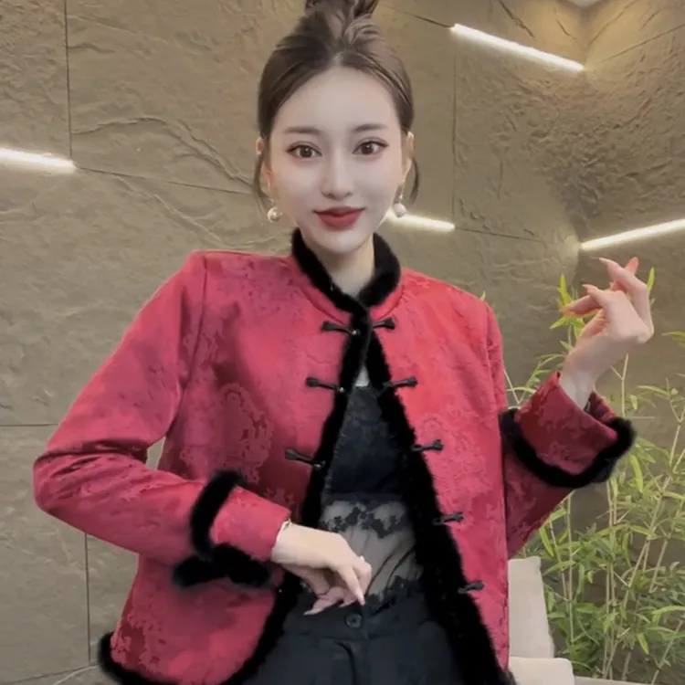 新中式女秋冬厚款立领冬季时尚民族风加棉短外套重工锦缎提花棉服
