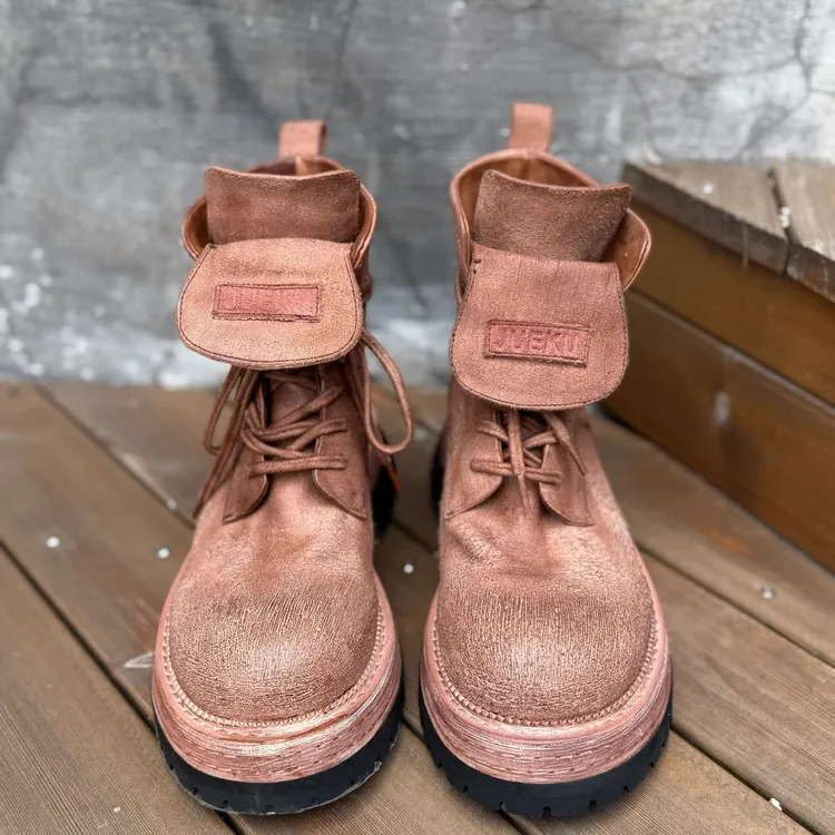 力SF 原创纯手工女鞋意大利复古水洗马皮百搭德比马丁靴男女同款