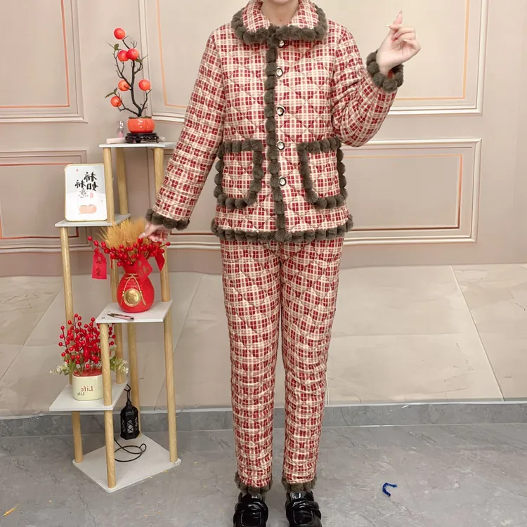 翻领修身型格子加厚碎花秋季中老年女装家居服冬款KA棉服棉裤套装