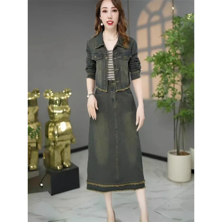 拉夏贝尔时尚复古套装女2025春秋新款牛仔外套直筒半身裙两件套潮