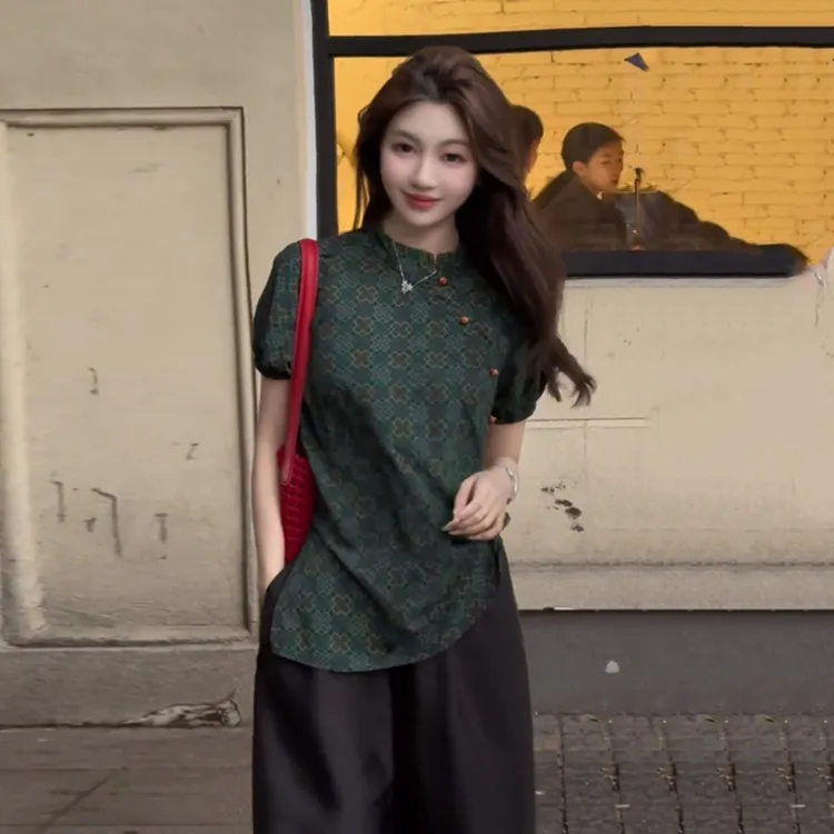 复古印花立领短袖衬衫女夏季韩版设计感纽扣衬衣百搭泡泡袖上衣