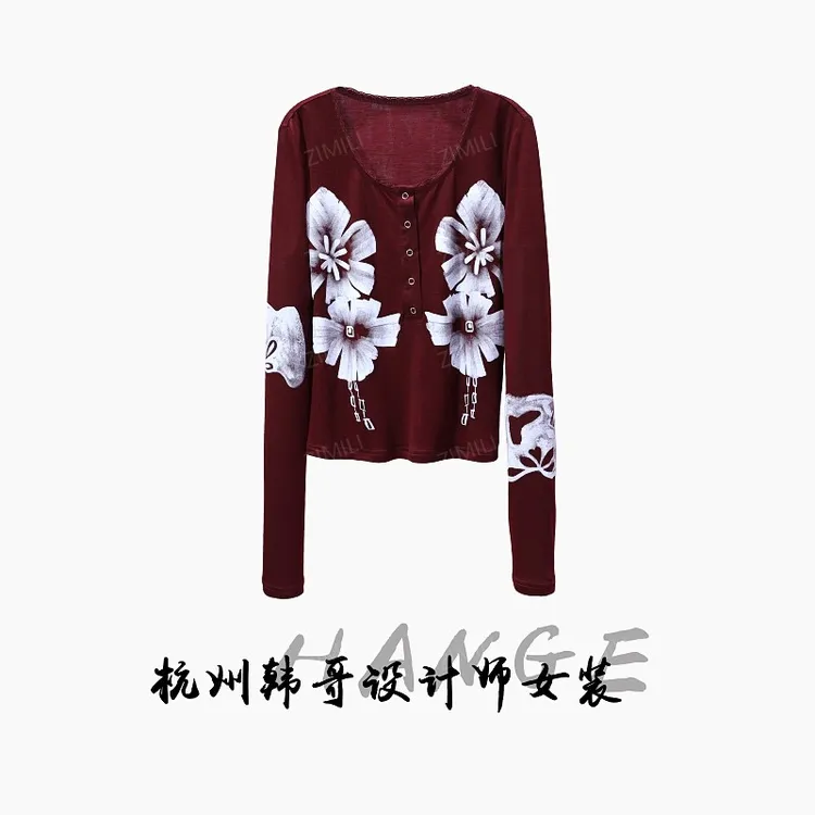 【韩哥女装】秋季欧版设计波尔多红喷绘印花时尚高弹上衣8708-B2