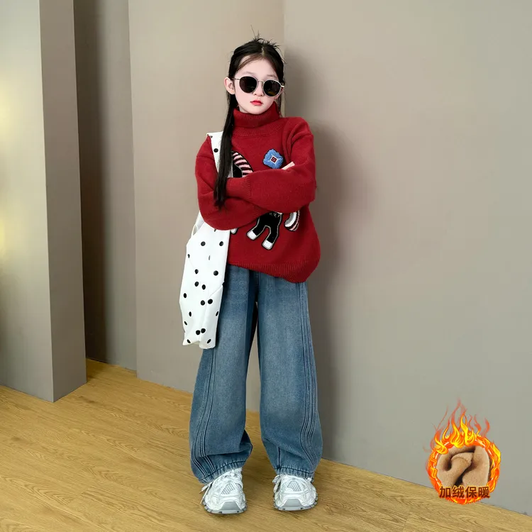 女童毛衣秋冬2025新款加厚款针织甜美毛衣加绒牛仔裤两件套新品潮