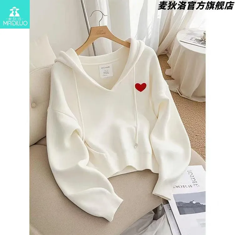 胖mm加大码300斤超仙甜美白色爱心连帽卫衣女春秋小众绝美上衣潮2