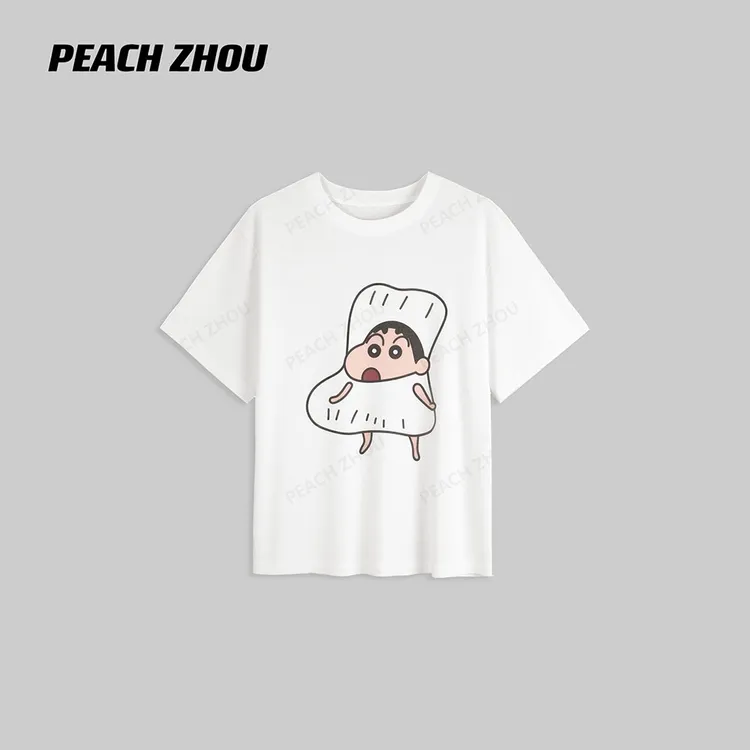 『PEACHZHOU』高捻精梳棉蜡笔小新卡通印花宽松圆领短袖休闲减龄T恤