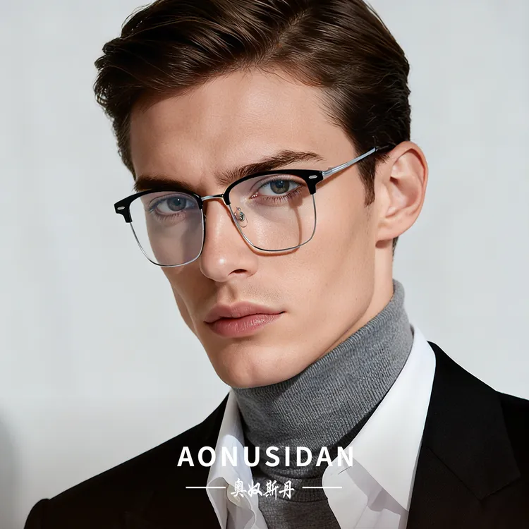 奥奴斯丹A-49超轻纯钛眉毛镜框近视眼镜男大脸宽可配蓝光近视度数
