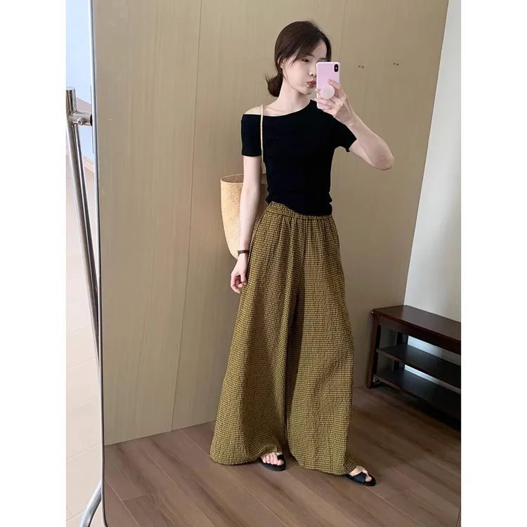 洋气衣服女2025夏季时尚斜肩短袖上衣T恤格子阔腿休闲裤气质套装