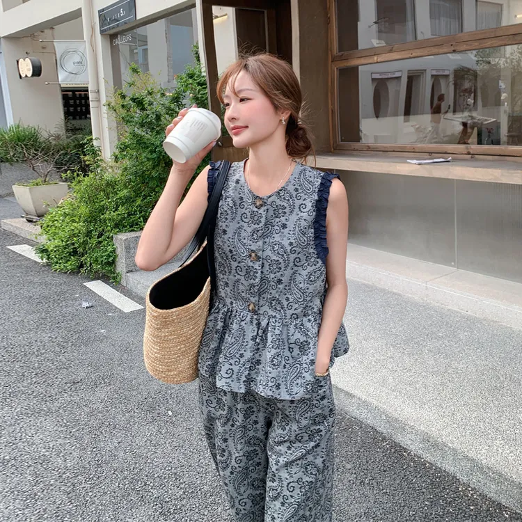 韩系氛围感套装裤女2025夏季新款ins风松弛感无袖印花背心阔腿裤