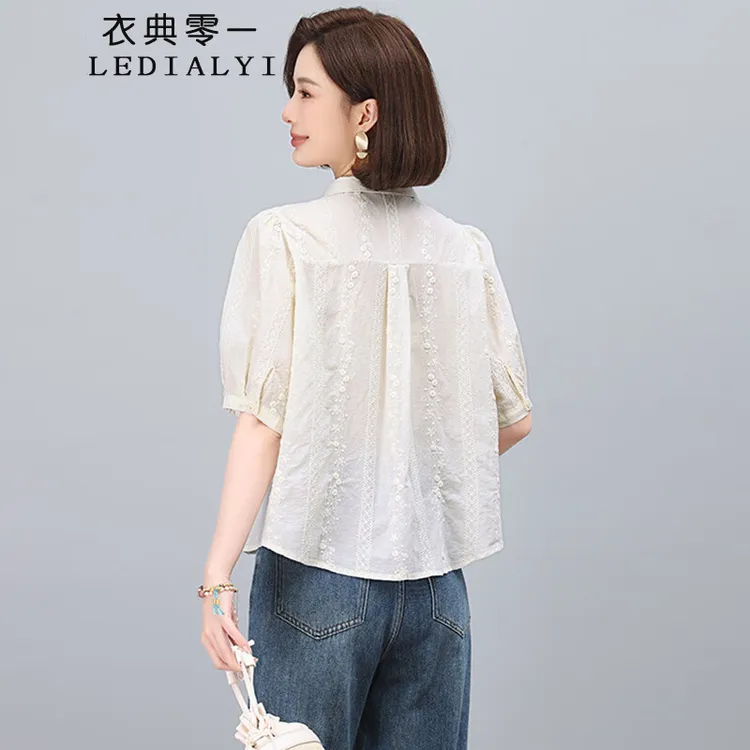 纯棉衬衫女装短袖2025夏季新款时尚气质显瘦中年小个子刺绣小衫